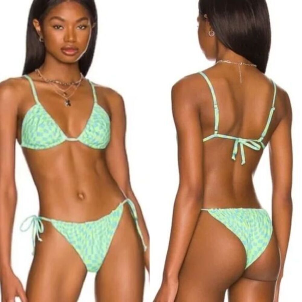 NEW It’s Now Cool x Free People checkered‎ wave lime green blue bikini set,  M